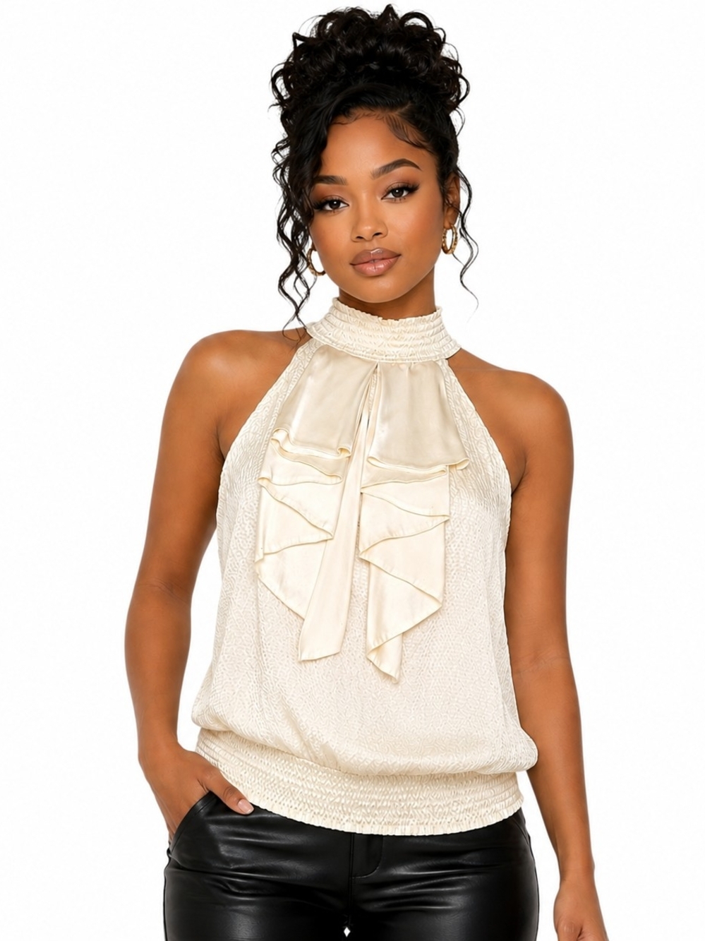 Elegant Ivory Ruffle Halter Blouse – Open Back Sleeveless High-Neck Top-Women